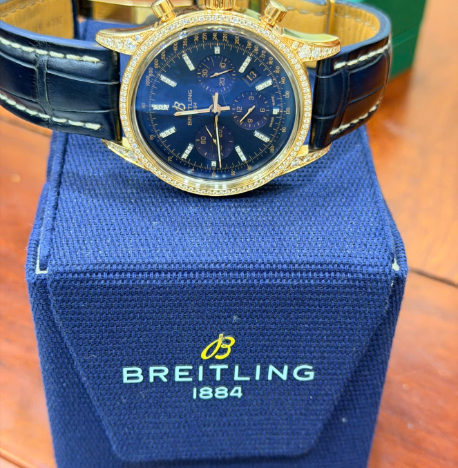 Breitling chonograph vàng khối size 43 kim cương Zin hãng  hiếm gặp hộp + thẻ giá 468 triệu