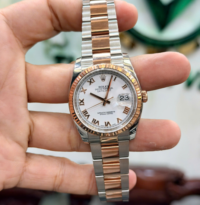 Rolex 116231 đờ mi vàng hồng size 36 mặt tráng men trắng cọc la mã  giá 208 triệu